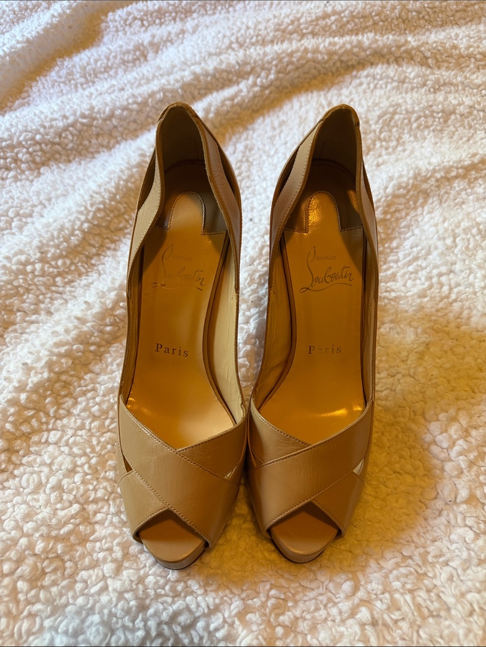 Christian Louboutin Beige Crisscross Peep-Toe Leather Pumps